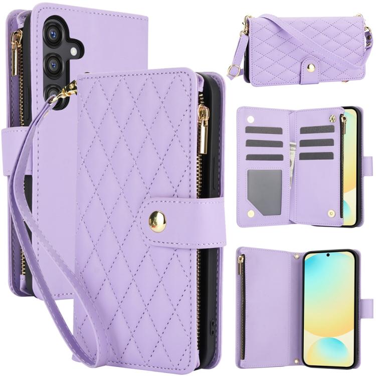 YM016 Rhombic Zipper Card Wallet Leather Phone Case with Lanyard, For Samsung Galaxy S25 Ultra 5G, For Samsung Galaxy S24 FE 5G, For Samsung Galaxy S24 Ultra 5G