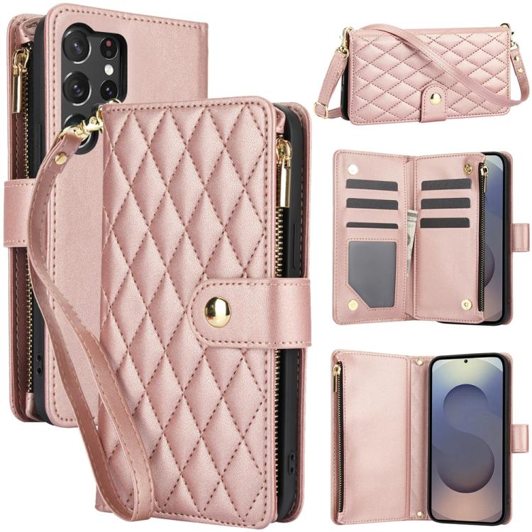 YM016 Rhombic Zipper Card Wallet Leather Phone Case with Lanyard, For Samsung Galaxy S25 Ultra 5G, For Samsung Galaxy S24 FE 5G, For Samsung Galaxy S24 Ultra 5G