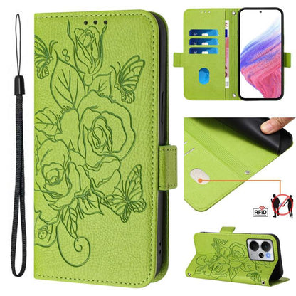 Embossed Rose RFID Anti-theft Leather Phone Case, For Realme 14x Global / V70 5G / C75 5G, For Realme Narzo 80 Pro / 14 Pro 5G India, For Realme 14 5G / 14T 5G Global, For Realme P3 Ultra 5G