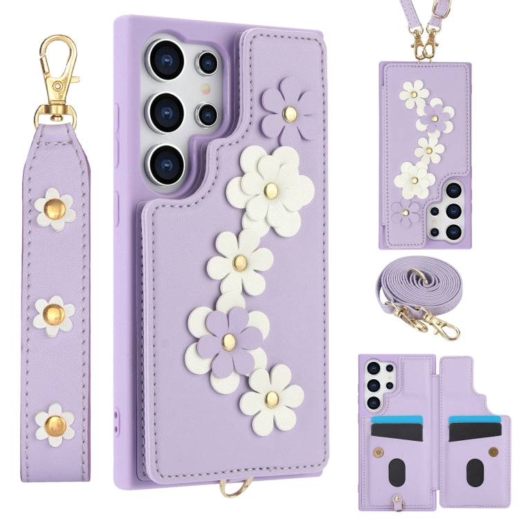 Crossbody Flower Pattern Leather Phone Case, For Samsung Galaxy S25+ 5G, For Samsung Galaxy S25 Ultra 5G, For Samsung Galaxy S24 Ultra 5G, For Samsung Galaxy S24+ 5G