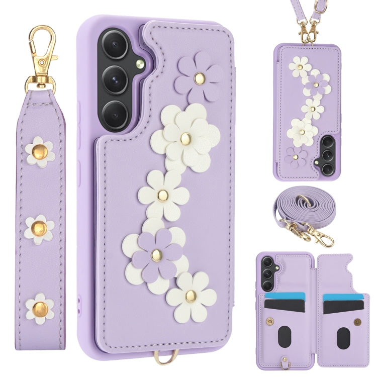 Crossbody Flower Pattern Leather Phone Case, For Samsung Galaxy S25+ 5G, For Samsung Galaxy S25 Ultra 5G, For Samsung Galaxy S24 Ultra 5G, For Samsung Galaxy S24+ 5G
