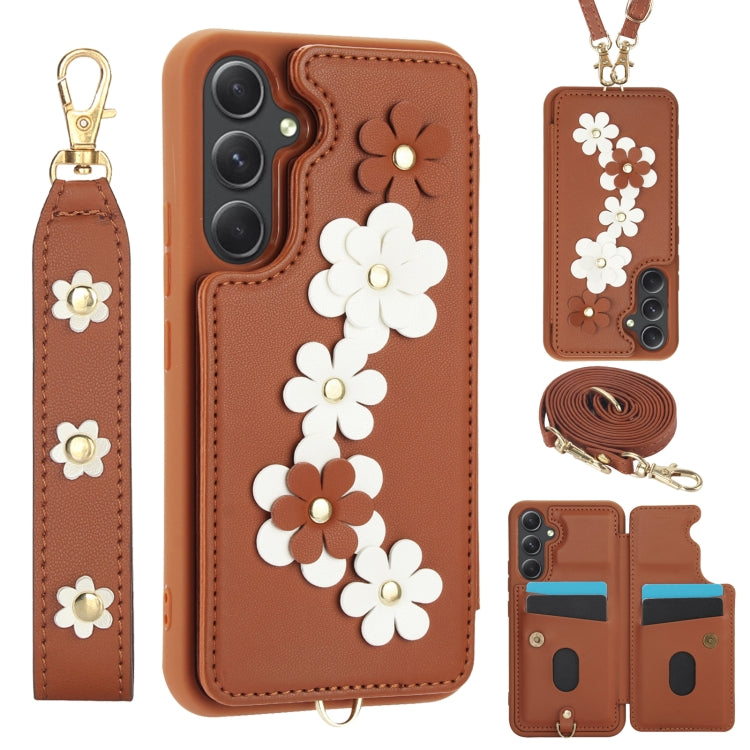 Crossbody Flower Pattern Leather Phone Case, For Samsung Galaxy S25+ 5G, For Samsung Galaxy S25 Ultra 5G, For Samsung Galaxy S24 Ultra 5G, For Samsung Galaxy S24+ 5G