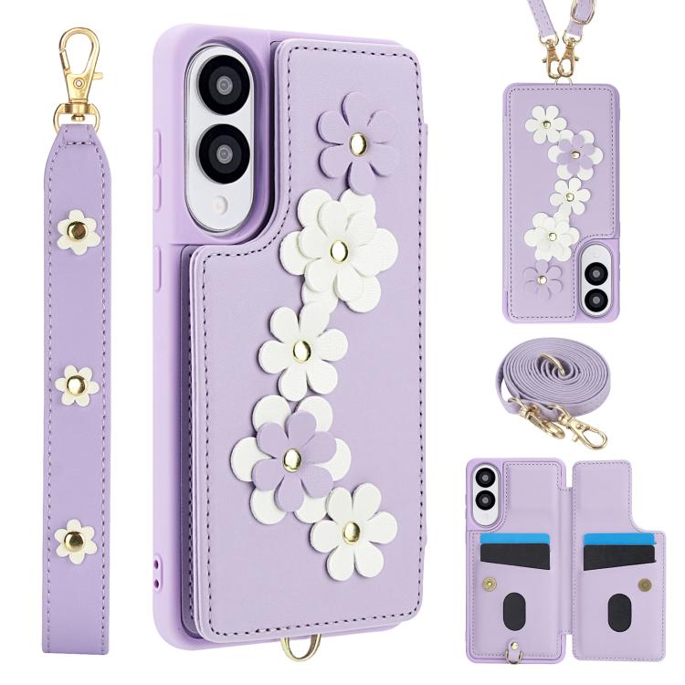 Crossbody Flower Pattern Leather Phone Case, For Samsung Galaxy S26+ 5G, For Samsung Galaxy S26 Ultra 5G, For Samsung Galaxy S26 5G, For Samsung Galaxy S25 Edge 5G