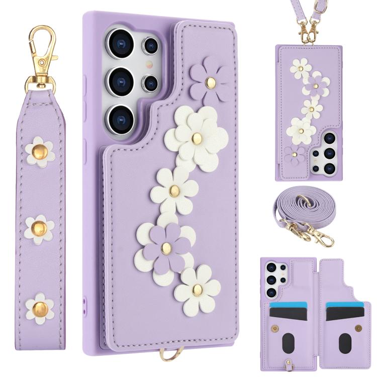Crossbody Flower Pattern Leather Phone Case, For Samsung Galaxy S26+ 5G, For Samsung Galaxy S26 Ultra 5G, For Samsung Galaxy S26 5G, For Samsung Galaxy S25 Edge 5G
