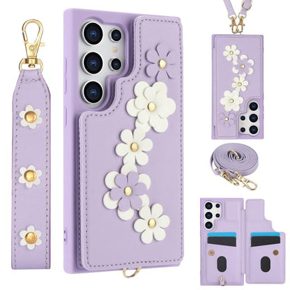 Crossbody Flower Pattern Leather Phone Case, For Samsung Galaxy S26+ 5G, For Samsung Galaxy S26 Ultra 5G, For Samsung Galaxy S26 5G, For Samsung Galaxy S25 Edge 5G