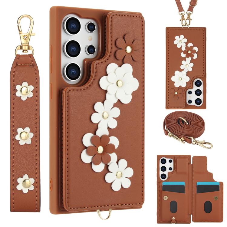 Crossbody Flower Pattern Leather Phone Case, For Samsung Galaxy S26+ 5G, For Samsung Galaxy S26 Ultra 5G, For Samsung Galaxy S26 5G, For Samsung Galaxy S25 Edge 5G