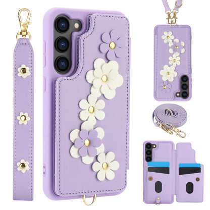 Crossbody Flower Pattern Leather Phone Case, For Samsung Galaxy S26+ 5G, For Samsung Galaxy S26 Ultra 5G, For Samsung Galaxy S26 5G, For Samsung Galaxy S25 Edge 5G