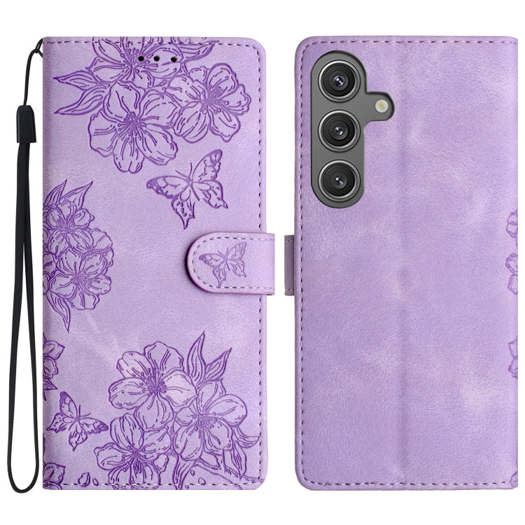 Cherry Blossom Butterfly Skin Feel Embossed PU Phone Case, For Samsung Galaxy S25 Edge 5G, For Samsung Galaxy S25 5G, For Samsung Galaxy S25+ 5G