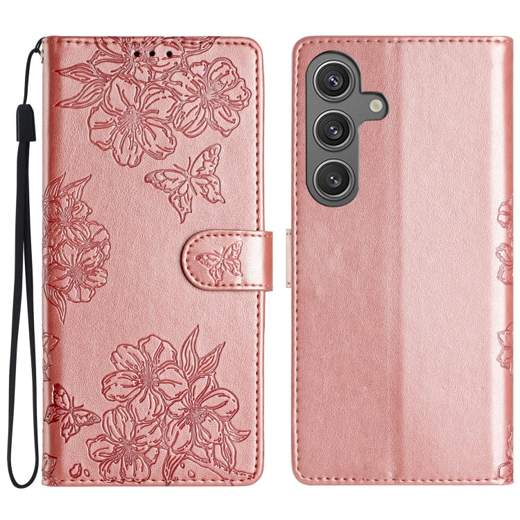 Cherry Blossom Butterfly Skin Feel Embossed PU Phone Case, For Samsung Galaxy S25 Edge 5G, For Samsung Galaxy S25 5G, For Samsung Galaxy S25+ 5G