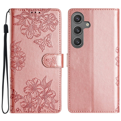 Cherry Blossom Butterfly Skin Feel Embossed PU Phone Case, For Samsung Galaxy S25 Edge 5G, For Samsung Galaxy S25 5G, For Samsung Galaxy S25+ 5G