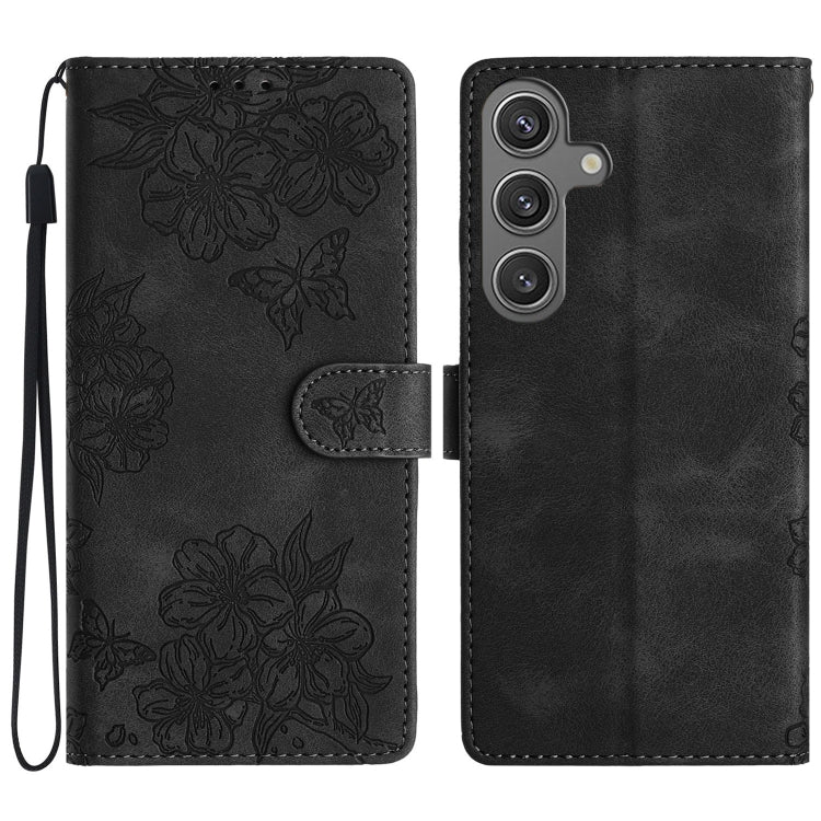 Cherry Blossom Butterfly Skin Feel Embossed PU Phone Case, For Samsung Galaxy S25 Edge 5G, For Samsung Galaxy S25 5G, For Samsung Galaxy S25+ 5G