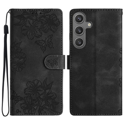 Cherry Blossom Butterfly Skin Feel Embossed PU Phone Case, For Samsung Galaxy S25 Edge 5G, For Samsung Galaxy S25 5G, For Samsung Galaxy S25+ 5G