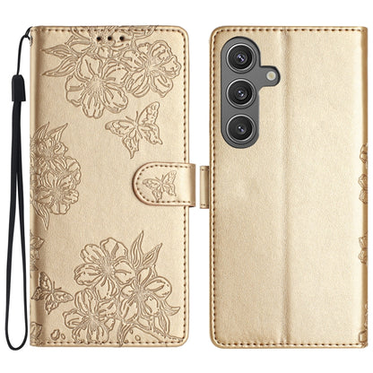 Cherry Blossom Butterfly Skin Feel Embossed PU Phone Case, For Samsung Galaxy S25 Edge 5G, For Samsung Galaxy S25 5G, For Samsung Galaxy S25+ 5G