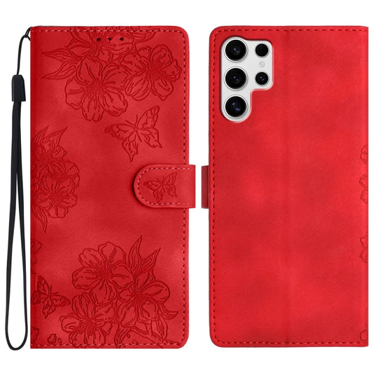 Cherry Blossom Butterfly Skin Feel Embossed PU Phone Case, For Samsung Galaxy S25 Ultra 5G, For Samsung Galaxy S24 FE 5G