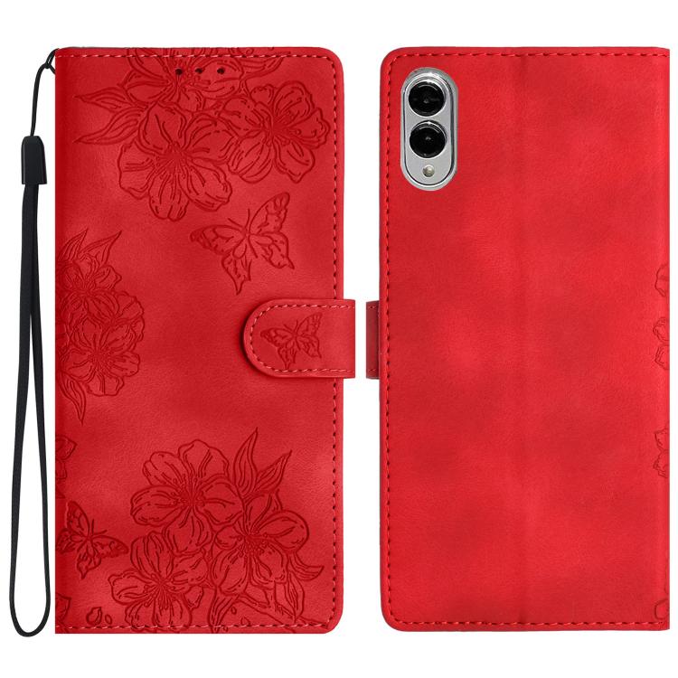 Cherry Blossom Butterfly Skin Feel Embossed PU Phone Case, For Samsung Galaxy S25 Edge 5G, For Samsung Galaxy S25 5G, For Samsung Galaxy S25+ 5G