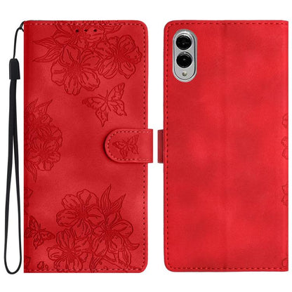 Cherry Blossom Butterfly Skin Feel Embossed PU Phone Case, For Samsung Galaxy S25 Edge 5G, For Samsung Galaxy S25 5G, For Samsung Galaxy S25+ 5G