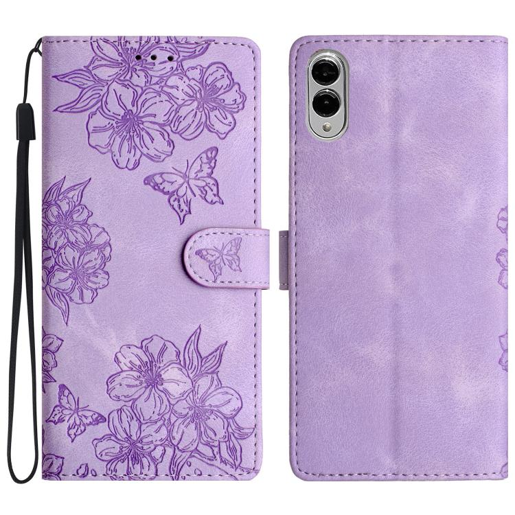 Cherry Blossom Butterfly Skin Feel Embossed PU Phone Case, For Samsung Galaxy S25 Edge 5G, For Samsung Galaxy S25 5G, For Samsung Galaxy S25+ 5G