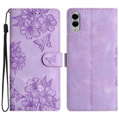 Cherry Blossom Butterfly Skin Feel Embossed PU Phone Case, For Samsung Galaxy S25 Edge 5G, For Samsung Galaxy S25 5G, For Samsung Galaxy S25+ 5G
