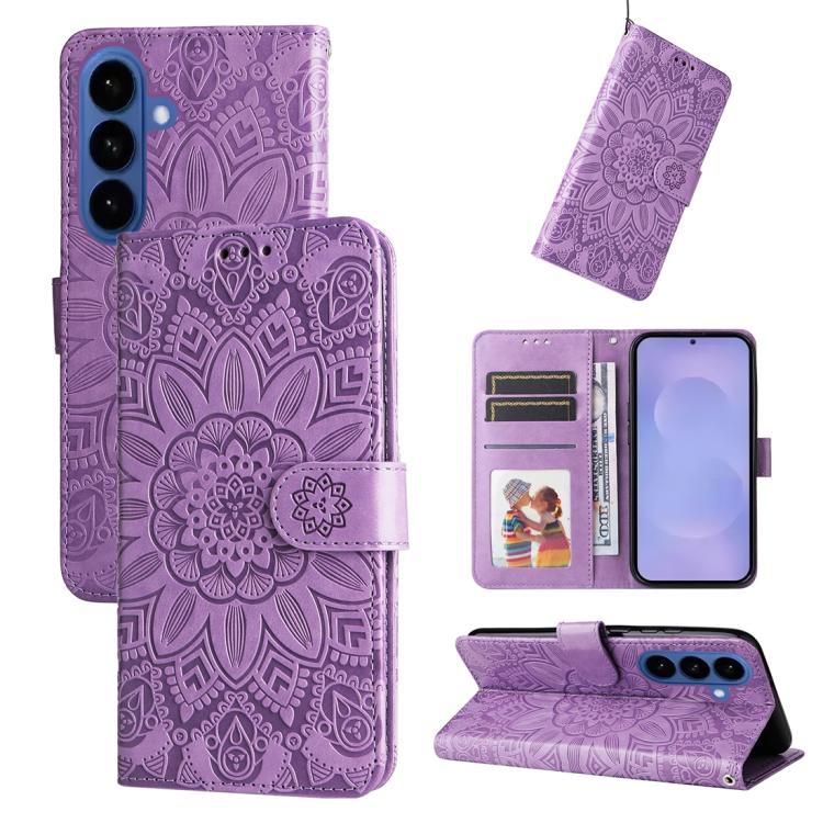 Embossed Sunflower Leather Phone Case, For Galaxy S26 FE 5G, For Galaxy S26+ 5G, For Galaxy S26 Edge 5G, For Galaxy S26 Ultra 5G
