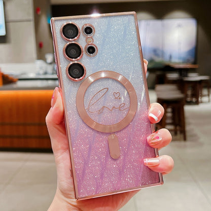 Dual-Love Leaves Gradient Glitter MagSafe TPU Phone Case, For Samsung Galaxy S25 5G, For Samsung Galaxy S25+ 5G, For Samsung Galaxy S25 Ultra 5G, For Samsung Galaxy S24 Ultra 5G