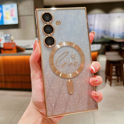 Dual-Love Leaves Gradient Glitter MagSafe TPU Phone Case, For Samsung Galaxy S25 5G, For Samsung Galaxy S25+ 5G, For Samsung Galaxy S25 Ultra 5G, For Samsung Galaxy S24 Ultra 5G