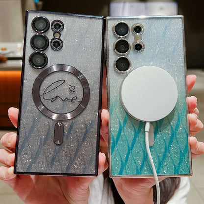 Dual-Love Leaves Gradient Glitter MagSafe TPU Phone Case, For Samsung Galaxy S25 5G, For Samsung Galaxy S25+ 5G, For Samsung Galaxy S25 Ultra 5G, For Samsung Galaxy S24 Ultra 5G