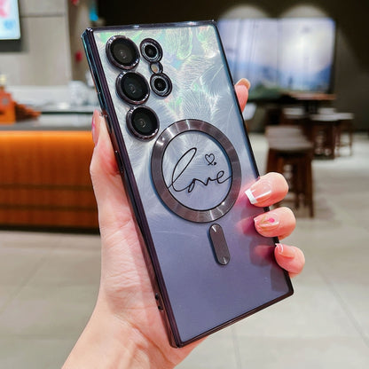 Dual-Love Feather Gradient Glitter MagSafe TPU Phone Case, For Samsung Galaxy S25 5G, For Samsung Galaxy S25+ 5G, For Samsung Galaxy S25 Ultra 5G, For Samsung Galaxy S24 Ultra 5G