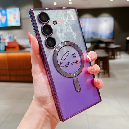 Dual-Love Feather Gradient Glitter MagSafe TPU Phone Case, For Samsung Galaxy S25 5G, For Samsung Galaxy S25+ 5G, For Samsung Galaxy S25 Ultra 5G, For Samsung Galaxy S24 Ultra 5G