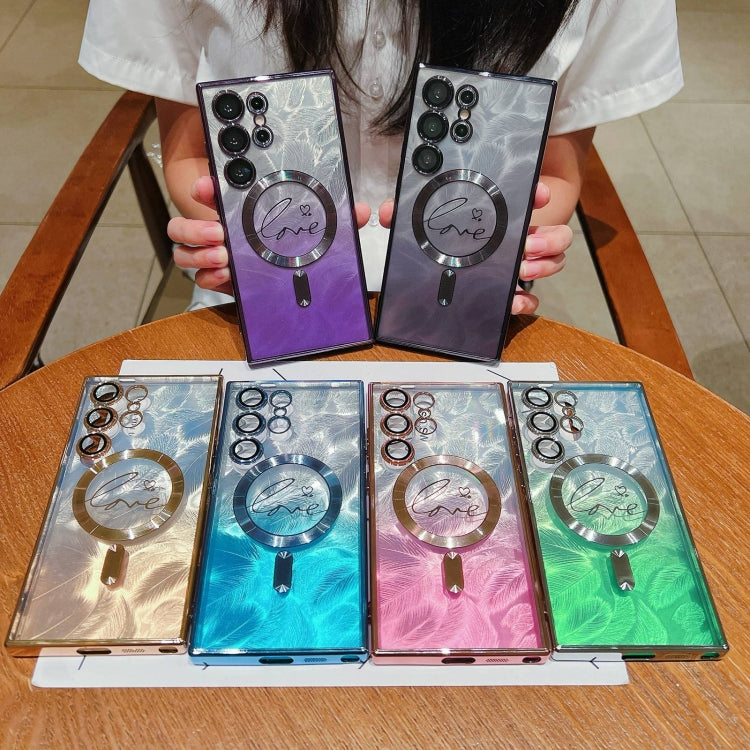 Dual-Love Feather Gradient Glitter MagSafe TPU Phone Case, For Samsung Galaxy S25 5G, For Samsung Galaxy S25+ 5G, For Samsung Galaxy S25 Ultra 5G, For Samsung Galaxy S24 Ultra 5G