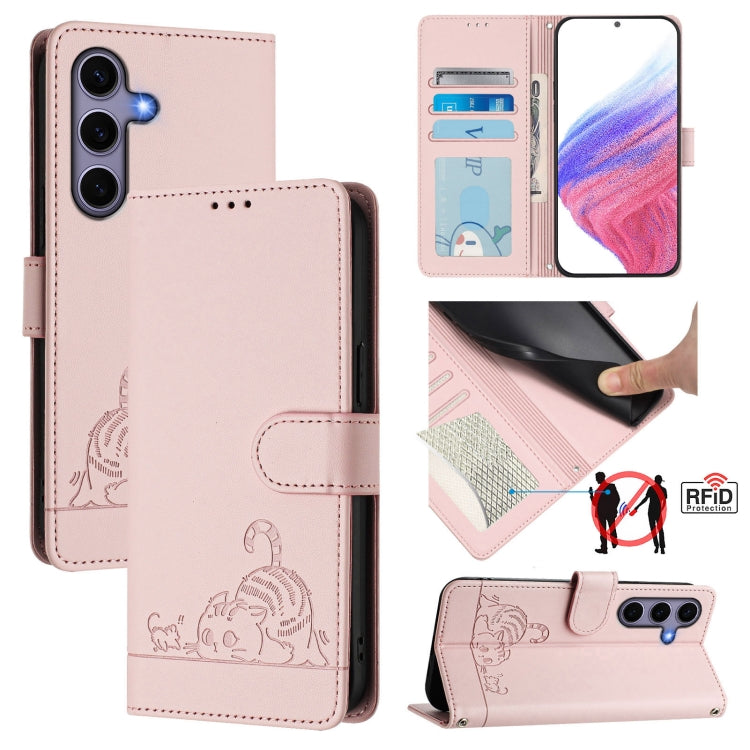 Cat Rat Embossed Pattern RFID Leather Phone Case with Lanyard, For Samsung Galaxy S26 5G, For Samsung Galaxy S25 Edge 5G, For Samsung Galaxy S25 5G, For Samsung Galaxy S25+ 5G