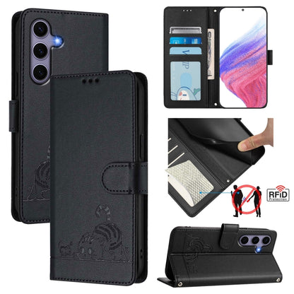 Cat Rat Embossed Pattern RFID Leather Phone Case with Lanyard, For Samsung Galaxy S26 5G, For Samsung Galaxy S25 Edge 5G, For Samsung Galaxy S25 5G, For Samsung Galaxy S25+ 5G