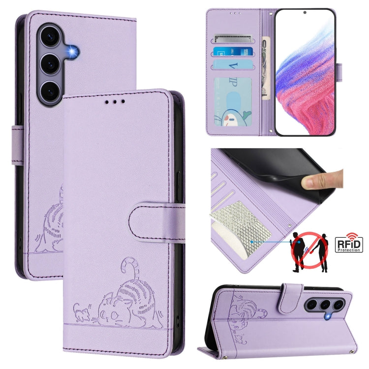 Cat Rat Embossed Pattern RFID Leather Phone Case with Lanyard, For Samsung Galaxy S26 5G, For Samsung Galaxy S25 Edge 5G, For Samsung Galaxy S25 5G, For Samsung Galaxy S25+ 5G
