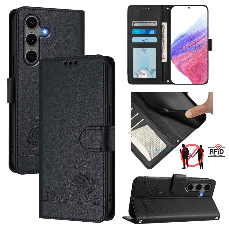Cat Rat Embossed Pattern RFID Leather Phone Case with Lanyard, For Samsung Galaxy S26 5G, For Samsung Galaxy S25 Edge 5G, For Samsung Galaxy S25 5G, For Samsung Galaxy S25+ 5G