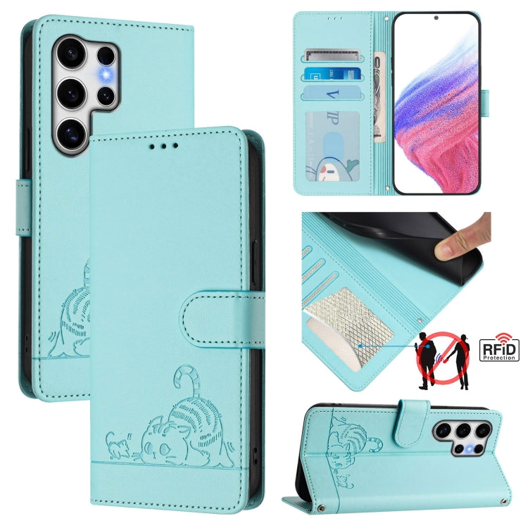 Cat Rat Embossed Pattern RFID Leather Phone Case with Lanyard, For Samsung Galaxy S25 Edge 5G, For Samsung Galaxy S25 5G, For Samsung Galaxy S25+ 5G, For Samsung Galaxy S25 Ultra 5G