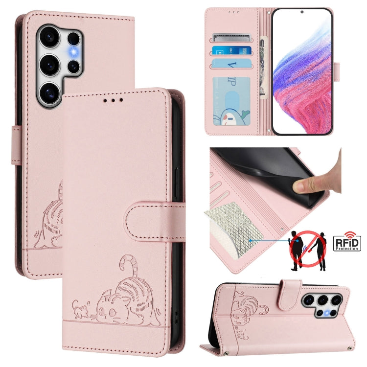 Cat Rat Embossed Pattern RFID Leather Phone Case with Lanyard, For Samsung Galaxy S25 Edge 5G, For Samsung Galaxy S25 5G, For Samsung Galaxy S25+ 5G, For Samsung Galaxy S25 Ultra 5G