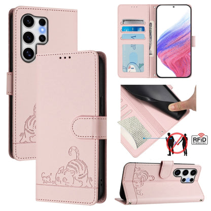 Cat Rat Embossed Pattern RFID Leather Phone Case with Lanyard, For Samsung Galaxy S25 Edge 5G, For Samsung Galaxy S25 5G, For Samsung Galaxy S25+ 5G, For Samsung Galaxy S25 Ultra 5G