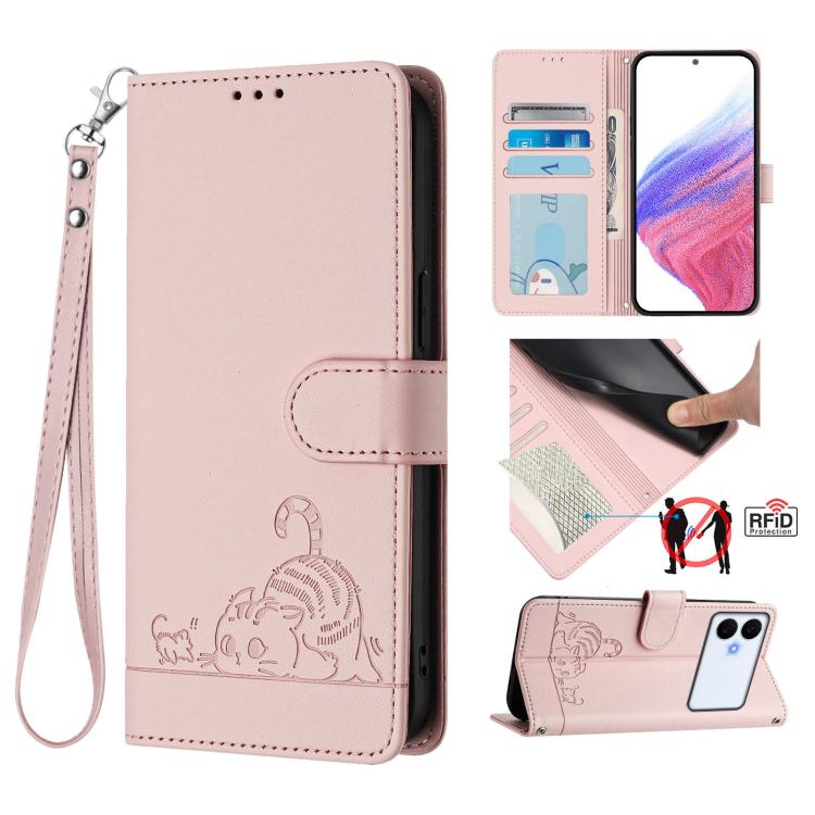 Cat Rat Embossed Pattern RFID Leather Phone Case with Lanyard, For Galaxy S26 FE 5G, For Samsung Galaxy S26+ 5G, For Samsung Galaxy S26 Edge 5G, For Samsung Galaxy S26 Ultra 5G