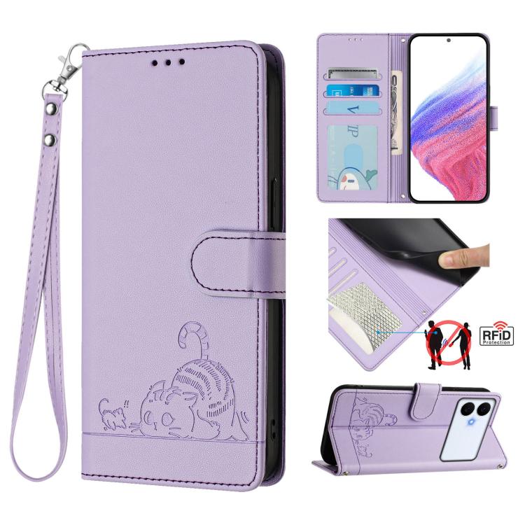Cat Rat Embossed Pattern RFID Leather Phone Case with Lanyard, For Galaxy S26 FE 5G, For Samsung Galaxy S26+ 5G, For Samsung Galaxy S26 Edge 5G, For Samsung Galaxy S26 Ultra 5G