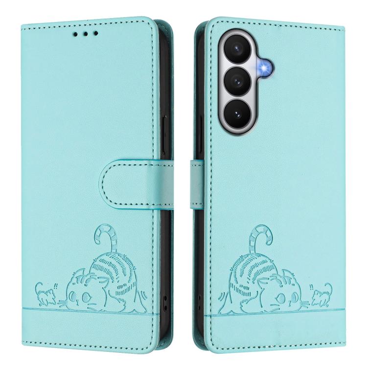 Cat Rat Embossed Pattern RFID Leather Phone Case with Lanyard, For Samsung Galaxy S26 5G, For Samsung Galaxy S25 Edge 5G, For Samsung Galaxy S25 5G, For Samsung Galaxy S25+ 5G