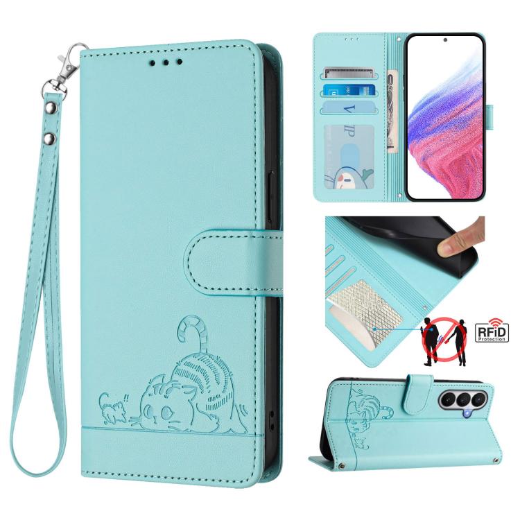 Cat Rat Embossed Pattern RFID Leather Phone Case with Lanyard, For Samsung Galaxy S26 5G, For Samsung Galaxy S25 Edge 5G, For Samsung Galaxy S25 5G, For Samsung Galaxy S25+ 5G