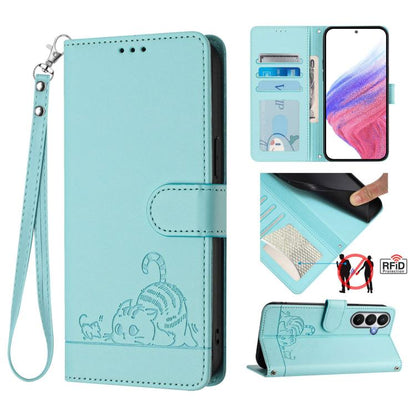 Cat Rat Embossed Pattern RFID Leather Phone Case with Lanyard, For Samsung Galaxy S26 5G, For Samsung Galaxy S25 Edge 5G, For Samsung Galaxy S25 5G, For Samsung Galaxy S25+ 5G