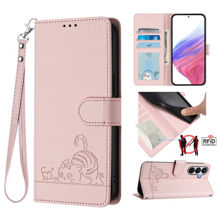 Cat Rat Embossed Pattern RFID Leather Phone Case with Lanyard, For Samsung Galaxy S26 5G, For Samsung Galaxy S25 Edge 5G, For Samsung Galaxy S25 5G, For Samsung Galaxy S25+ 5G