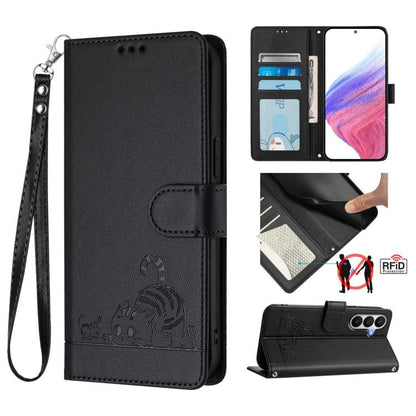 Cat Rat Embossed Pattern RFID Leather Phone Case with Lanyard, For Samsung Galaxy S26 5G, For Samsung Galaxy S25 Edge 5G, For Samsung Galaxy S25 5G, For Samsung Galaxy S25+ 5G