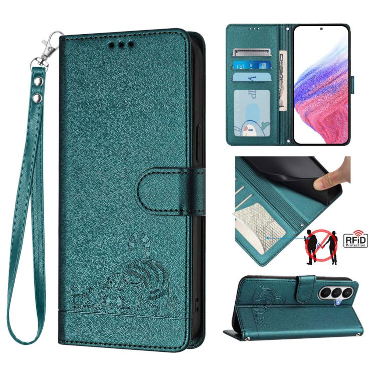 Cat Rat Embossed Pattern RFID Leather Phone Case with Lanyard, For Samsung Galaxy S26 5G, For Samsung Galaxy S25 Edge 5G, For Samsung Galaxy S25 5G, For Samsung Galaxy S25+ 5G