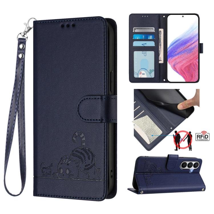 Cat Rat Embossed Pattern RFID Leather Phone Case with Lanyard, For Samsung Galaxy S26 5G, For Samsung Galaxy S25 Edge 5G, For Samsung Galaxy S25 5G, For Samsung Galaxy S25+ 5G
