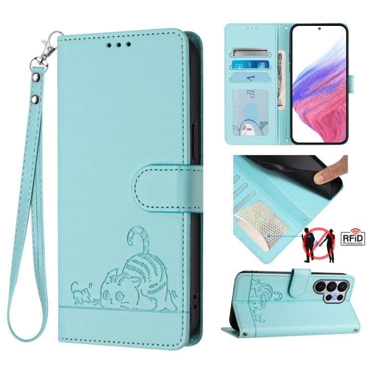Cat Rat Embossed Pattern RFID Leather Phone Case with Lanyard, For Galaxy S26 FE 5G, For Samsung Galaxy S26+ 5G, For Samsung Galaxy S26 Edge 5G, For Samsung Galaxy S26 Ultra 5G