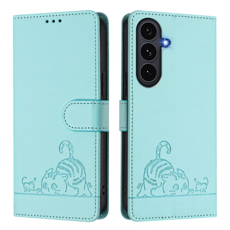 Cat Rat Embossed Pattern RFID Leather Phone Case with Lanyard, For Galaxy S26 FE 5G, For Samsung Galaxy S26+ 5G, For Samsung Galaxy S26 Edge 5G, For Samsung Galaxy S26 Ultra 5G