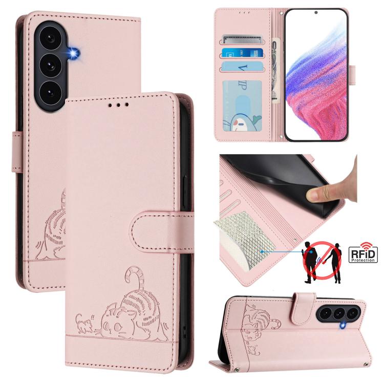 Cat Rat Embossed Pattern RFID Leather Phone Case with Lanyard, For Galaxy S26 FE 5G, For Samsung Galaxy S26+ 5G, For Samsung Galaxy S26 Edge 5G, For Samsung Galaxy S26 Ultra 5G
