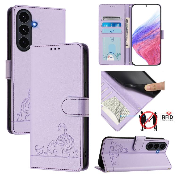 Cat Rat Embossed Pattern RFID Leather Phone Case with Lanyard, For Galaxy S26 FE 5G, For Samsung Galaxy S26+ 5G, For Samsung Galaxy S26 Edge 5G, For Samsung Galaxy S26 Ultra 5G