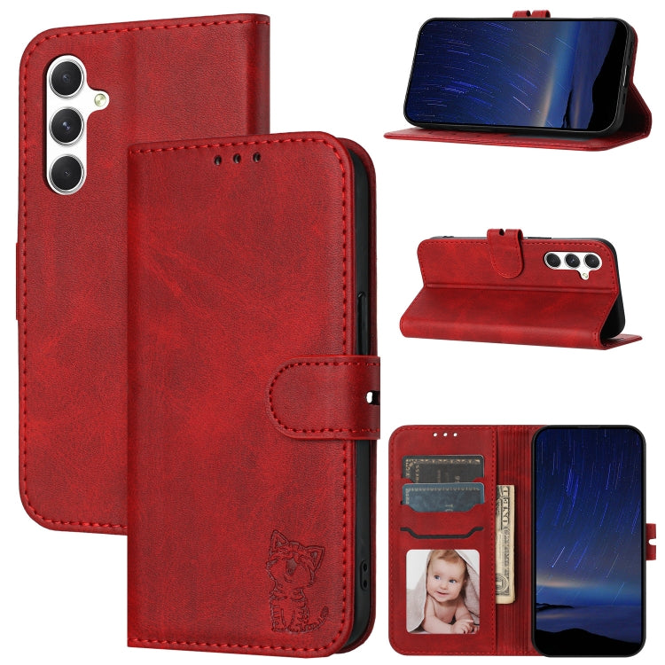 Embossed Happy Cat Pattern Flip Leather Phone Case, For Samsung Galaxy S25 Ultra 5G, For Samsung Galaxy S24 FE 5G
